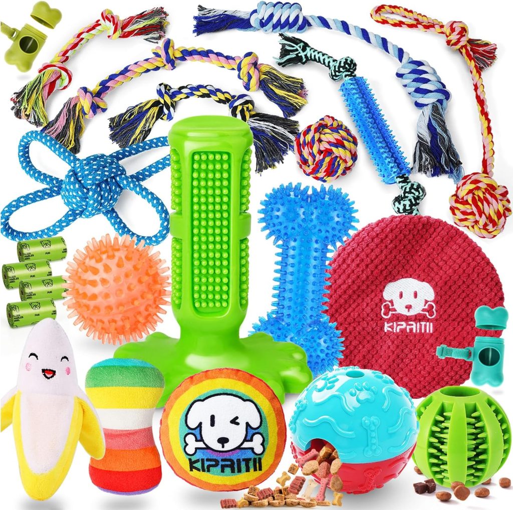 KIPRITII Dog Chew Toys for Puppy - 23 Pack Puppies Teething Chew Toys for Boredom, Pet Dog Toothbrush Chew Toys with Rope Toys, Treat Balls and Dog Squeaky Toy for Puppy and Small Dogs