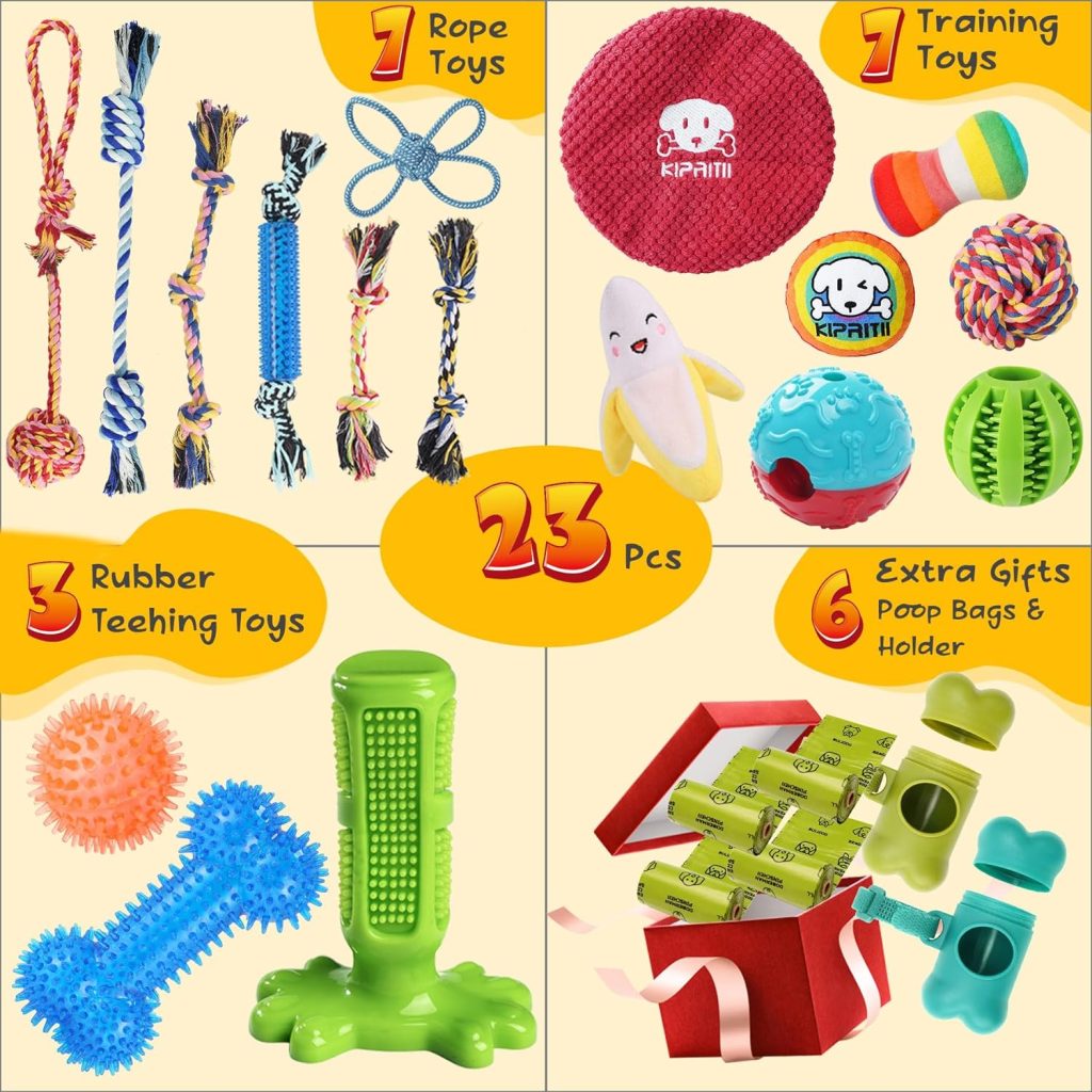 KIPRITII Dog Chew Toys for Puppy - 23 Pack Puppies Teething Chew Toys for Boredom, Pet Dog Toothbrush Chew Toys with Rope Toys, Treat Balls and Dog Squeaky Toy for Puppy and Small Dogs