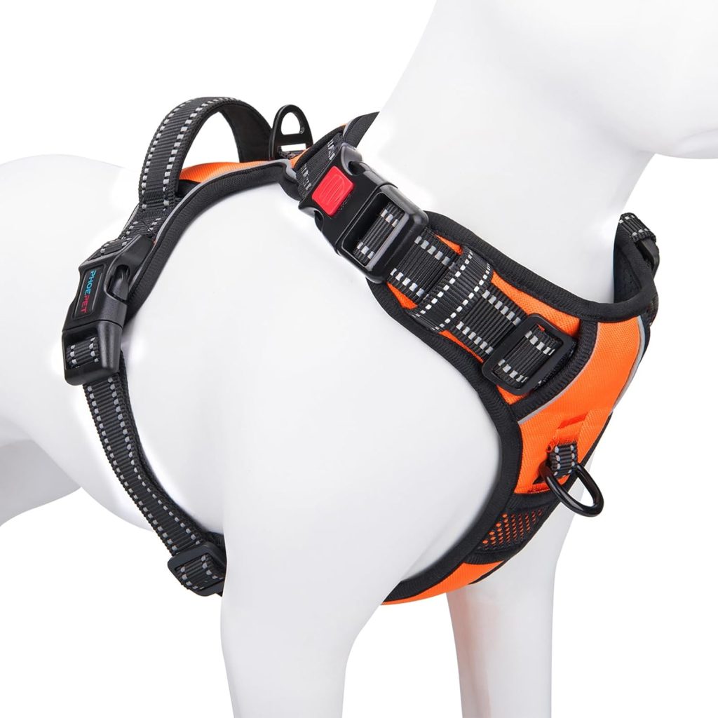 PHOEPET No Pull Dog Harnesses for Small Dogs Reflective Adjustable Front Clip Vest with Handle 2 Metal Rings 3 Buckles [Easy to Put on  Take Off] (S, Orange)