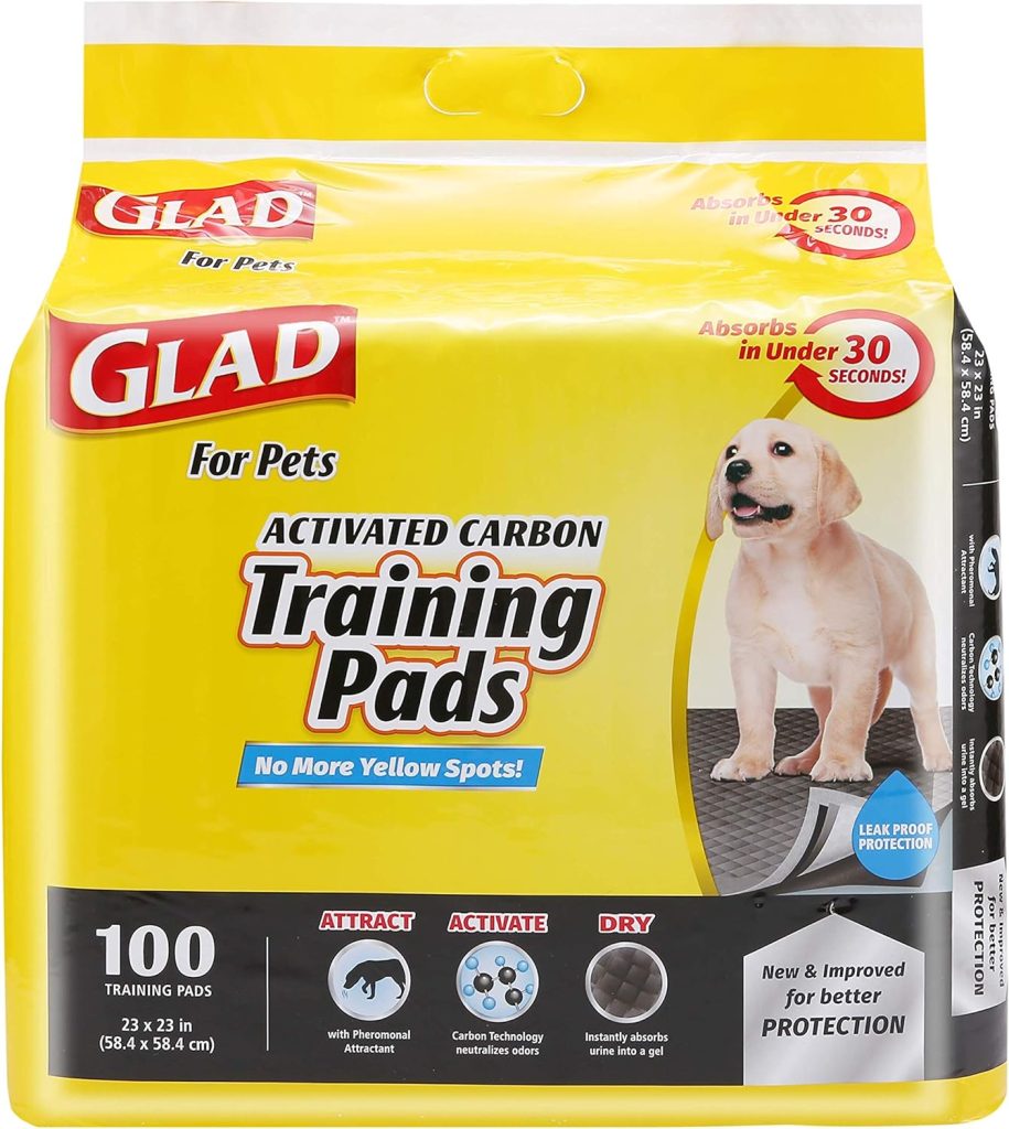 Glad for Pets Black Charcoal Training Pads for Dogs, 23 x 23 - Super Absorbent  Odor Neutralizing Dog Potty Pads, Leak-Resistant Puppy Pee Pads, Pheromone Attractant for Easy Training, Pack of 100