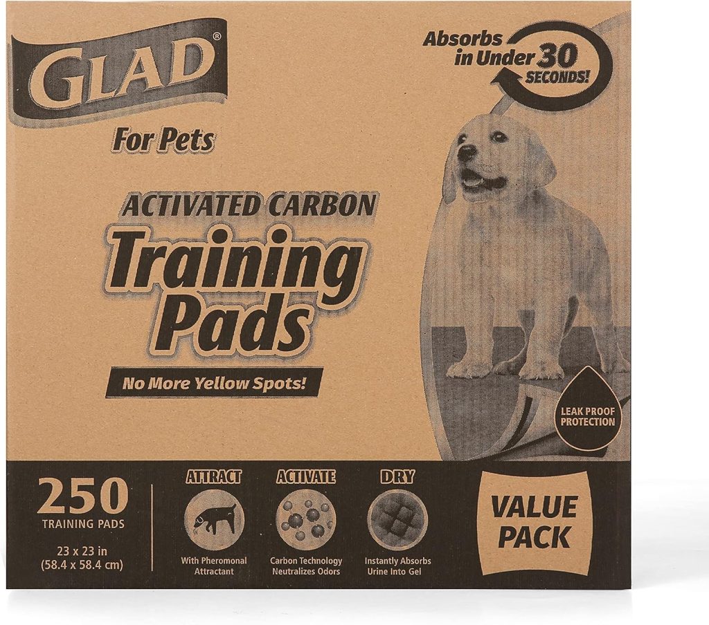 Glad for Pets Black Charcoal Training Pads for Dogs, 23 x 23 - Super Absorbent  Odor Neutralizing Dog Potty Pads, Leak-Resistant Puppy Pee Pads, Pheromone Attractant for Easy Training, Pack of 100