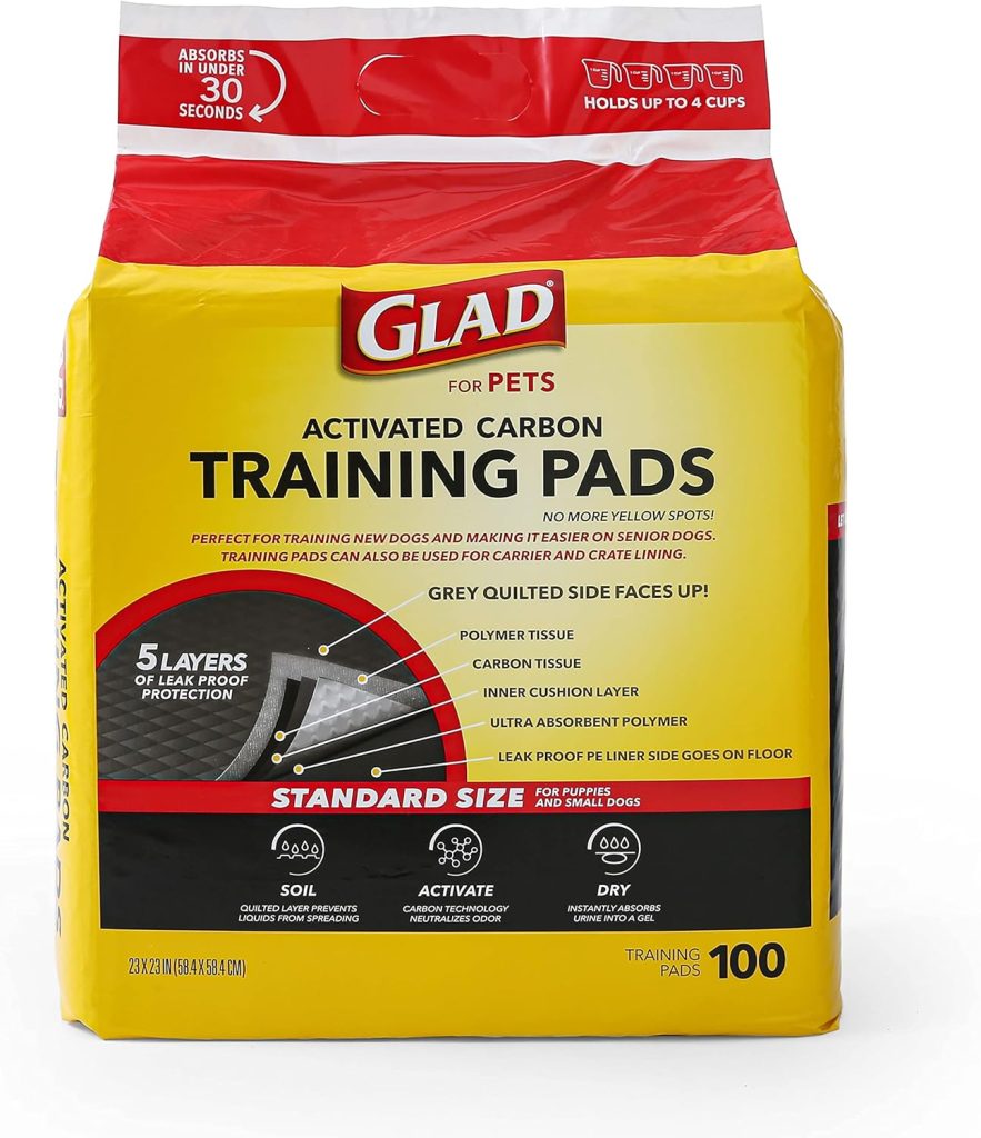 Glad for Pets Black Charcoal Training Pads for Dogs, 23 x 23 - Super Absorbent  Odor Neutralizing Dog Potty Pads, Leak-Resistant Puppy Pee Pads, Pheromone Attractant for Easy Training, Pack of 100