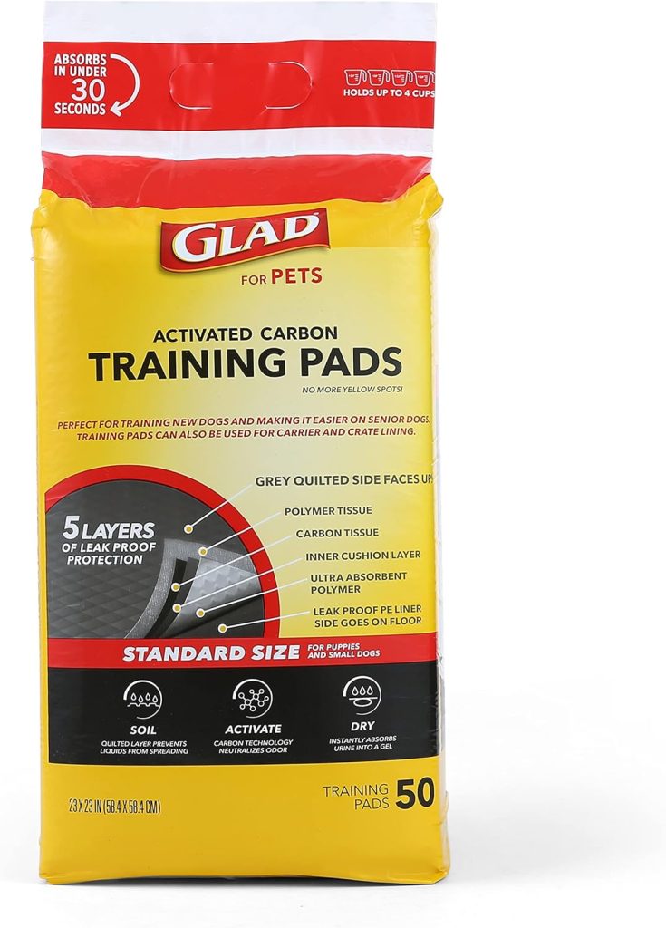 Glad for Pets Black Charcoal Training Pads for Dogs, 23 x 23 - Super Absorbent  Odor Neutralizing Dog Potty Pads, Leak-Resistant Puppy Pee Pads, Pheromone Attractant for Easy Training, Pack of 100