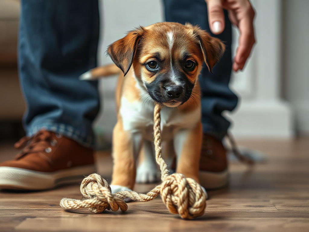 Playful puppy choosing a rope toy beside an owners still hands indoors